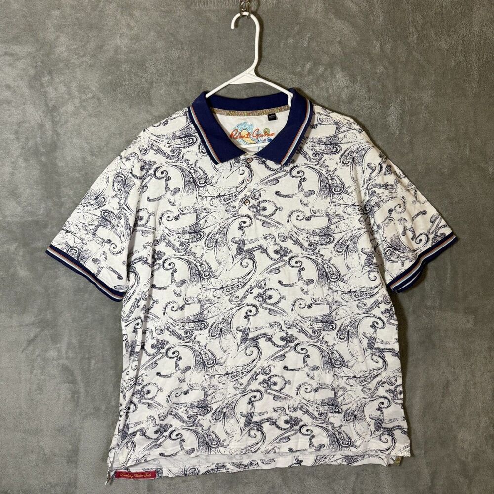 Robert Graham Polo Shirt XL White Blue Paisley Contrast Collar Short Sleeve